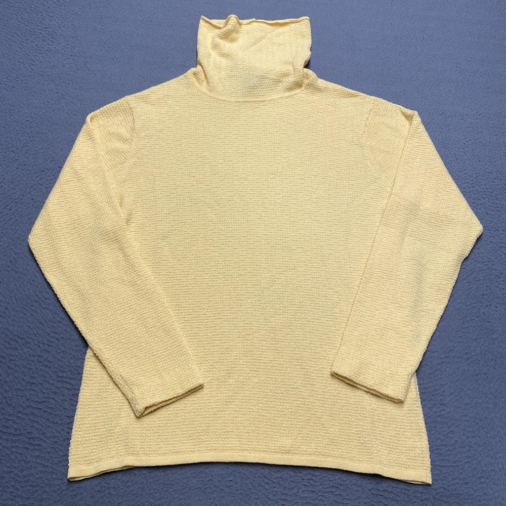 Eileen Fisher Sweater Womens Medium Yellow 100% Wool Waffle Turtleneck Pullover